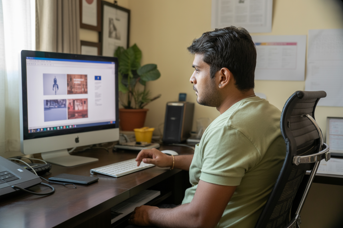 Indian man working at laptop